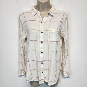 Sonoma Casual Gauze Knit Button Down Shirt Size S Ivory Windowpane Relaxed Fit